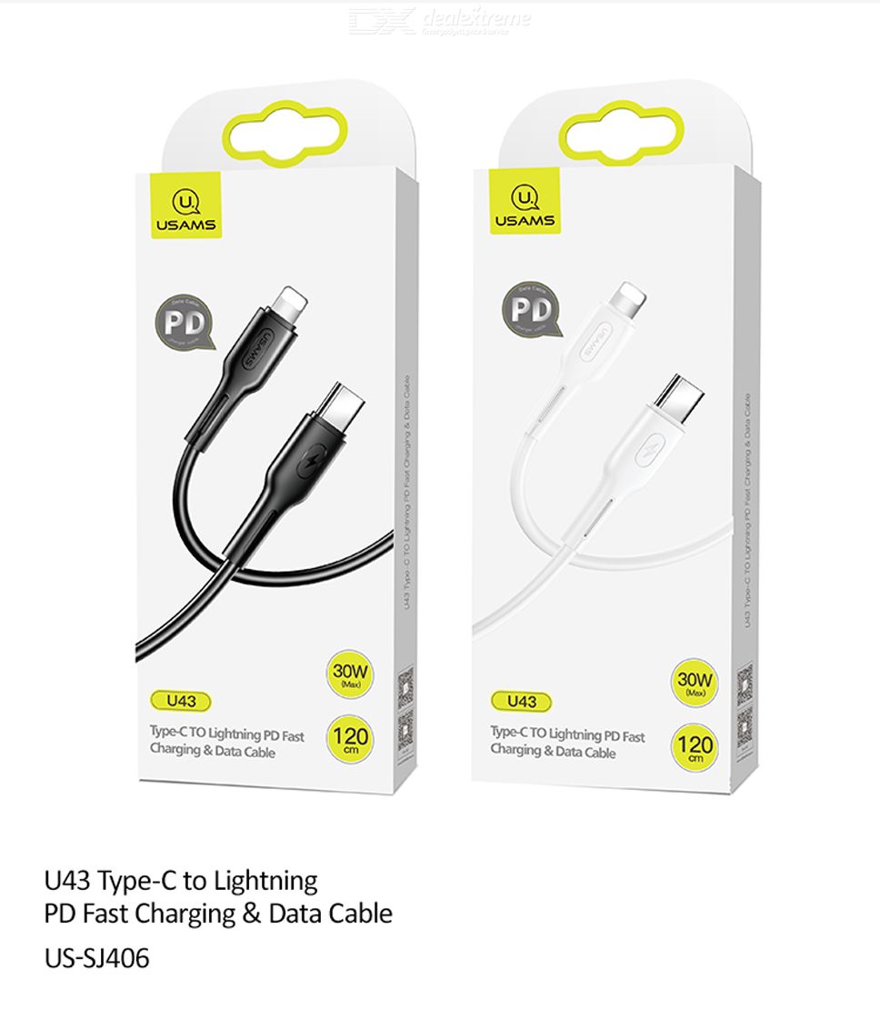 Usams Type-C Lightning Iphone Kábel 1.2M 30W U43 Fekete, Fehér